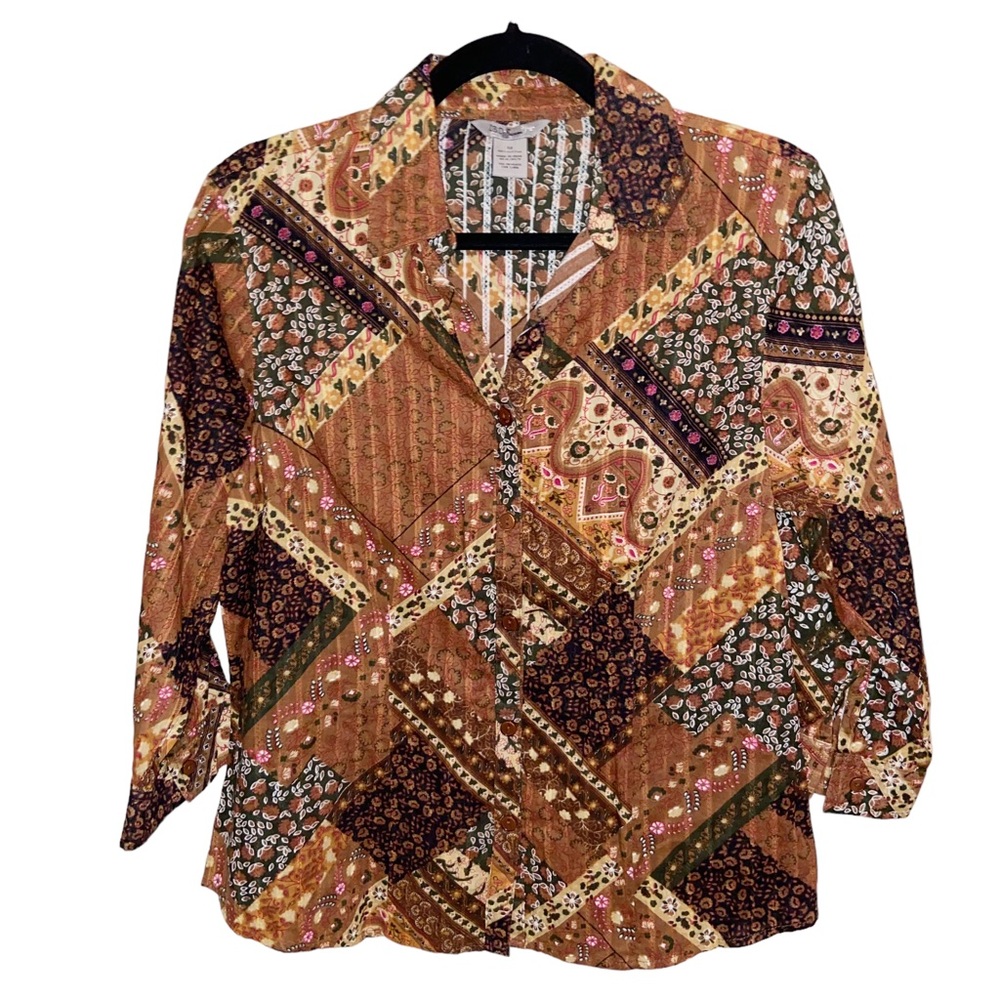 IB Diffusion Patchwork Boho Top Shirt Womens Medium Mixed Print Button Cotton